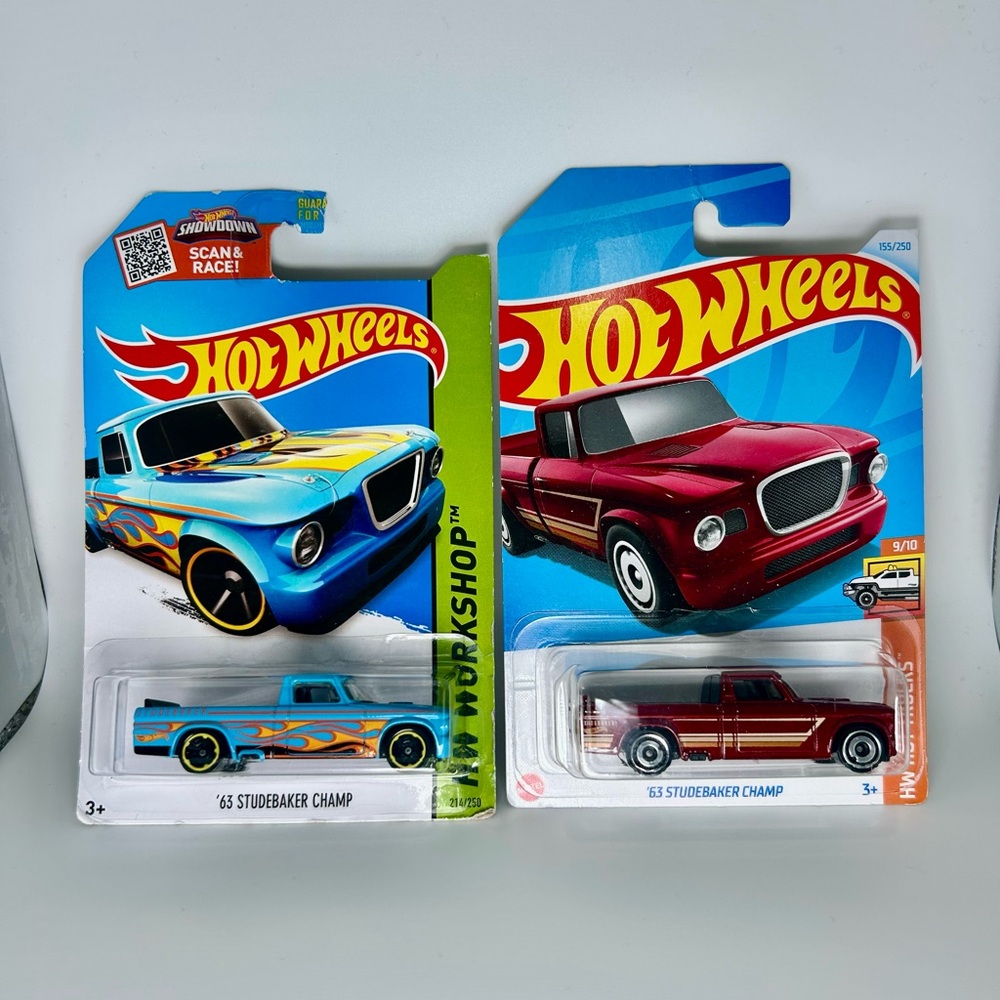 Hot Wheels Studebaker Lot of 2x - ‘63 Studebaker Champ Blue & Red HW Workshop